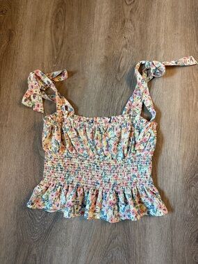 Forever 21- Floral Tie-Strap Smocked Crop Top - Multicolor-size m